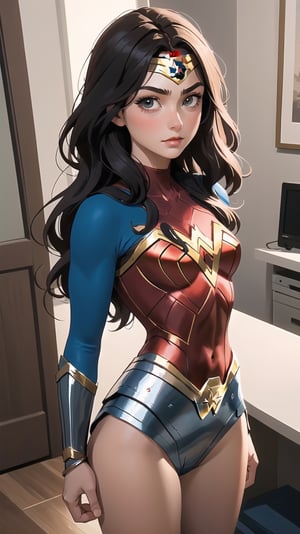 (best quality, masterpiece, perfect face) beautiful hair, 18 years old girl, medium tits, wonder woman suit cosplay, flirting on camera