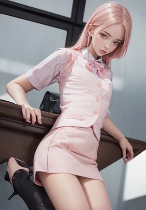 ((masterpiece)), (best quality), official art, extremely detailed CG, unity 8k wallpaper, ultra detailed, highly detailed, detailed background, vivid color, photorealistic, perfect lighting, best illumination,1girl, small breasts, pink hair, long hair, pink eyes,sexy office, lady, office uniform, office vest, micro skirt, (pastel pink uniform:1.5),  high heels,forest, stream, lora:office uniform:0.7
