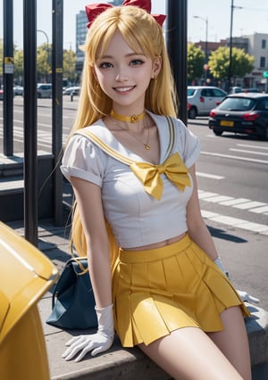 sailor venus, blonde long hair, bue eyes, jewellery, circlet, choker, red bow, yellow mini skirt, white gloves, looking at viewer, smiling, happy, teeth
sitting, at a bus stop, outside, city, street, blue sky, extreme detail, hdr, beautiful quality, ,sailor venus