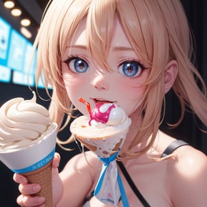 masterpiece, best quality,  8k,1girl, lora:aimingAtViewer_v1:1,aiming at viewer,holding soft ice cream,Bring the soft serve ice cream to your mouth with one hand
