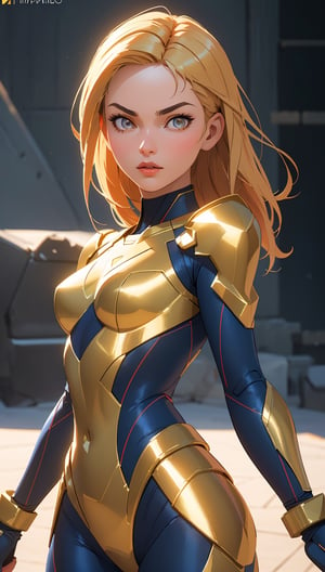 (best quality, masterpiece, perfect face, detailed simmetric iris, perfect smooth skin texture)fashion photography of beautiful golden hair, 18 years old girl, medium tits, super girl suit cosplay (glowing symbol), flirting on camera, fighting pose, (hyperrealism, soft light, dramatic light, sharp, HDR)