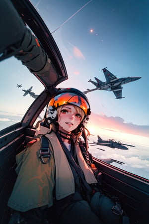 lora:yomama_fighter_jet_pilot_selfie_v2:1, yomama_fighter_jet_pilot_selfie_v2,  lora:RtPL-Malice:0.8, malice_(riviera), blonde_hair, long_hair, blue_cape, white_dress, gloves, sitting, evil smile, sweat, orange sky, dogfight, bullets, blood,, ultra detailed, masterpiece, best quality, aesthetic, detailed,