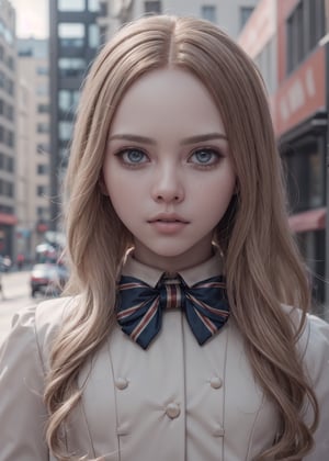 (looking at viewer),(cowboy shot dynamic sexy pose:1.22), M3GEN/(Robot Girl/), 1girl, solo, long hair, blonde hair, slim:1.1, realistic, blurry, grey eyes, bow, photo inset, full body, bowtie, parted lips, ribbon, lips, detailed shiny skin,perfect and very white teeth,
finely detailed beautiful eyes,Ultra-fine facial detail,eyelashes,Glossy pink lips, (detailed city streets background:1.4), outdoors, (day:1.33), depth of field,intricate,elegant,highly detailed,digital photography,masterpiece,hdr,
