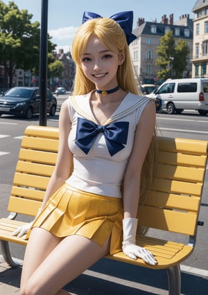 sailor venus, blonde long hair, bue eyes, jewellery, circlet, choker, red bow, yellow mini skirt, white gloves, looking at viewer, smiling, happy, teeth
sitting, at a bus stop, outside, city, street, blue sky, extreme detail, hdr, beautiful quality, ,sailor venus