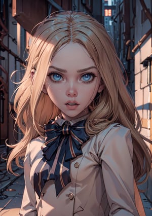 ,(looking at viewer),(cowboy shot dynamic pose:1.22),M3GEN/(Robot Girl/), 1girl, solo, long hair, blonde hair, realistic, blurry, blue eyes, bow, photo inset, full body, bowtie, parted lips, ribbon, lips,detailed shiny skin,perfect and very white teeth,finely detailed beautiful eyes,Ultra-fine facial detail,eyelashes,Glossy pink lips,(detailed The dark and terrifying alleys background:1.4),in the room, (day:1.33),depth of field,intricate,elegant,highly detailed,digital photography,masterpiece,