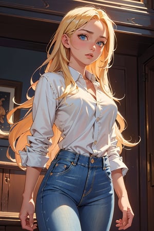 (masterpiece, best quality, highres:1.2), (intricate and beautiful:1.2), (detailed light:1.2), (colorful, dynamic angle),1girl,long blonde iridescent hair,beautiful eyes,detailed,(short jeans and shirts),soft light passing through hair, (official art), (cinematic),(cowboy body shot:1.3)
