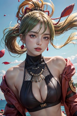 (masterpiece,best quality,ultra high res:1.1),(photo-realistic:1.2),
-
1girl,(beautiful face,exquisite face,ulzzang6500V:1.2),(wet skin:1),
solo,long hair,(floating hair,wind hair,gale,skin texture:1.2),nsfw,
-
(full body,from above:0.8),(armlet,jewelry,necklace,filigree,earrings),
(open clothes,chest cutout,plunging neckline,low neckline:1.1),
-
(horizon:1.2),(longView,huge falling petals:1.5),(simple sky:1.6),
-
lora:shinobukukiV1:1,(shinobu kuki,green hair,ponytail,turtleneck,bare shoulders,gloves,jacket,coat,fishnet shirt,hair ornament,armor,midriff,shorts:1.3)
