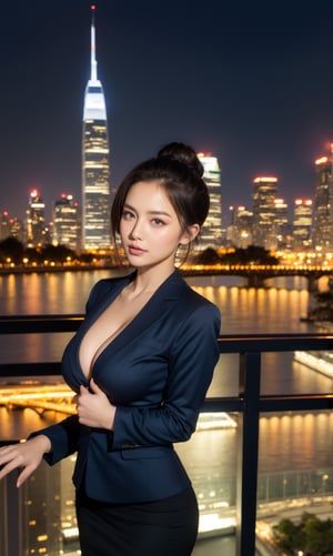 1girl, alluring, revealing, large breasts, hourglass figure, (soft smile:1.2), blonde, hair up in bun, (corporate executive:1.3), (navy blazer:1.2), (pencil skirt:1.1), (silk blouse:1.1), detailed background, balcony, city night life, (water front, river:1.2), bridge, night time, modern city skyline, (facing forward:1.2), (panorama:1.3), skyscrapers, glass buildings, bustling city, (looking at viewer:1.4), standing, (arms behind back:1.3), (cleavage:1.3)