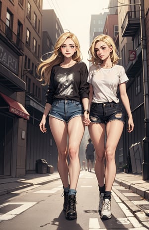 swedish girl, beautiful face, blonde, torn shirt and denim shorts , long legs, sweating through, Nice warm colors,2 girl, twin sisters, closed together, walking, hand in hand, smile, city background, Best Quality, masterpiece, new york city_background, full body, perfect body,Grt2c,dabuFlatMix_v10.safetensors