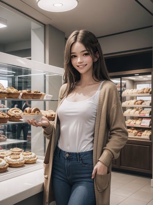 lora:Julia:.8, long brown hair, brown eyes,slender, wearing casual clothing, long cardigan, jeans, looking at viewer, smiling, happy, 
standing, inside a shopping mall, holding a pastry, cinnamon roll, crowd, bright lighting, extreme detail, masterpiece,
