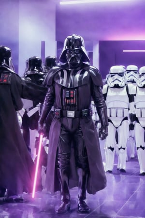 darth vader standing in front of a group of storm troopers in a room,holding lightsabe in his hands, walking across a bunch of stormtroopers behind him,Black_outfit,hood, hood_up, boots, darth vader without helmet,cape,armor, shoulder armor, armored boots, ,darth vader without helmet, looking at viewer,(closed mouth:1.0),NSFW,official art,extremely detailed CG unity 8k wallpaper, perfect lighting,Colorful, Bright_Front_face_Lighting,(masterpiece:1.0),(best_quality:1.0), ultra high res,4K,ultra-detailed,photography, 8K, HDR, highres, absurdres:1.2, Kodak portra 400, film grain, blurry background, bokeh:1.2, lens flare, (vibrant_color:1.2)  