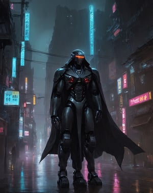 concept art matte paintingin the rainy streets of a cyberpunk city at night domination of a tall dark robot wind sorcerer with glowing eyes and a cape Artstation,Greg Rutkowski
