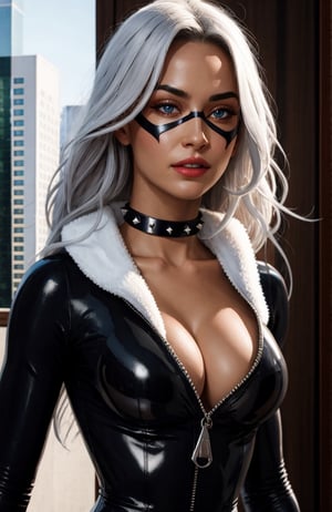 masterpiece, best quality,upper body, solo, absurdres,scenery,  lora:CARTOON_felicia_blackcat_aiwaifu-10:1,   felicia_blackcat_aiwaifu,long hair,mask,white hair,bodysuit,domino mask,gloves,choker,lipstick,blue eyes,makeup,white gloves,collar,lips,superhero,black bodysuit,fur trim,cleavage,large breasts,collarbone,skin tight,zipper,spiked collar,unzipped,red lips,jewelry,black choker,claws,latex,shiny,center opening,very long hair,            ultra specular detailed, amazing artwork,intricate details,light,attractive, intricate detailed blurry_background,(well defined perfect hands, high detailed skin,detailed face:0.3), (scenery, golden_ratio,highres, incredibly_absurdres:0.2),(scenery,sidelighting,masterpiece:0.5),
