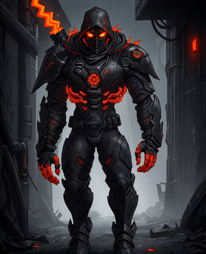 dark rugged realm, phantom warrior emerges from the shadows, clad in tattered black cyberpunk armor, etched with fiery orange circuitry, like a dark mechanical specter, The figure's face is shrouded in an impenetrable black hood, with only two blazing orange optics piercing the darkness, like hot coals from a malevolent forge, The armor is shifting and writhe like living darkness, with orange neon-like energy bleeding from the cracks, , , , 
