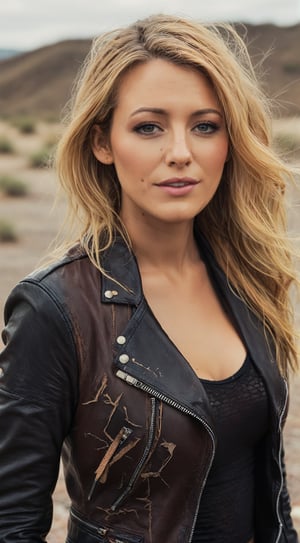 blake lively,ohwx woman,happy,color graded cinematic,high quality photography,light blonde hair,wasteland,leather jacket, 4k textures,4k resolution,DLSR,Canon EOS R3, lora:blakelively_SDXL:0.8,
