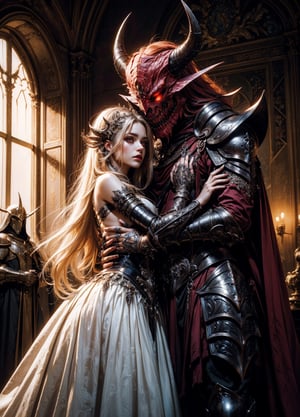 (masterpiece, top quality, best quality, official art, beautiful and aesthetic:1.2), extreme detailed, (fractal art), (a beautiful women next to a male demon:1), (1girl +1man), (demon man in armor wearing a mask next to a maiden), epic, love, emotional, embrace, closeup, very long white flowy hair, with sword, standing next to throne, side view, black and red, dress, black clothes, detailed long sleeves, large demon behind girl, highest detailed
