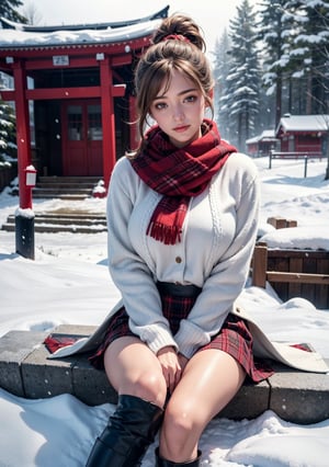 (Best quality, 8k, 32k, Masterpiece, UHD:1.2),Photo of Pretty european woman, stunning, 1girl, (medium dark blonde ponytail), double eyelid, natural medium-large breasts, slender legs, tall body, soft curves, white coat, knit dress shirt, checkered skirt, red scarf, snow heeled boot, sitting on stairs on shrine, snowy shrine, heavy snow on shrine, fashion model posing, unforgettable beauty, look at viewer, sexy smile, closed to up, lifelike rendering, detailed facial features, detailed real skin texture, detailed details 