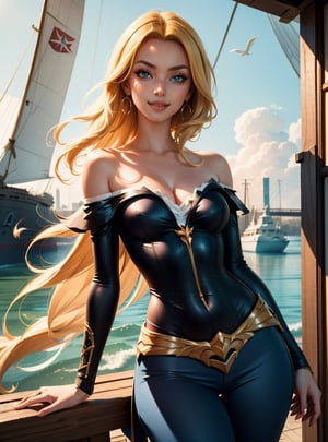 (masterpiece, best quality:1.2), intricate details, lora:miss_fortune_lol-000010:0.8, miss fortune \(league of legends\), 1girl, blonde hair, in the battleship dock, bare shoulders, off shoulder, cleavage, pants, holding sword, smile, 