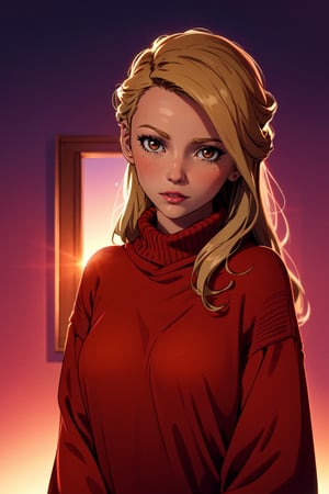 1 young cute girl, very slim, skinny, blonde hair, rouge, oversize knit jumper, softcore, warm lighting, cosy atmosphere, Instagram style, red theme, upper body shot,(cinematic, black and red:0.85), (sunset beautiful background:1.3), sharp, dim colors