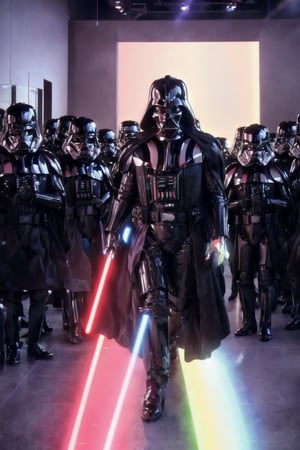 darth vader standing in front of a group of storm troopers in a room,holding lightsabe in his hands, walking across a bunch of stormtroopers behind him,Black_outfit,hood, hood_up, boots, darth vader without helmet,cape,armor, shoulder armor, armored boots, ,darth vader without helmet, looking at viewer,(closed mouth:1.0),NSFW,official art,extremely detailed CG unity 8k wallpaper, perfect lighting,Colorful, Bright_Front_face_Lighting,(masterpiece:1.0),(best_quality:1.0), ultra high res,4K,ultra-detailed,photography, 8K, HDR, highres, absurdres:1.2, Kodak portra 400, film grain, blurry background, bokeh:1.2, lens flare, (vibrant_color:1.2)  