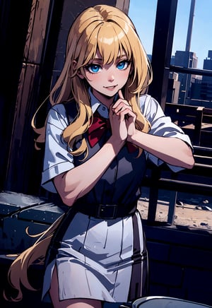 (masterpiece, best quality),  a cute and cheerful woman,l with long, blonde hair and blue eyes, wearing a school uniform, outdoors, scenery, dutch angle, extremely detailed. 