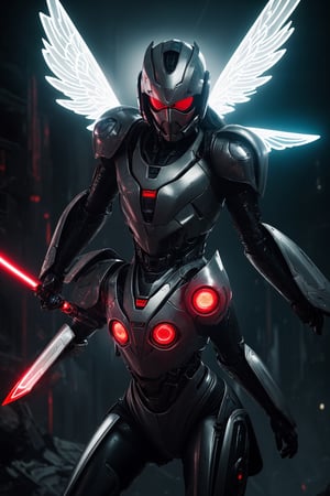 A mech, silver-white long ponytail and waist, V-shaped mechanical helmet, helmet eyes with red light, wearing a black sexy mech suit, red torn cloak swaying in the wind, white glowing six-winged mechanical wings, a broad sword glowing yellow with red light effect, Night, Rain, A destroyed cyberspace in the book of Apocalypse, lifelike, best image quality, highest definition and clarity, original, surrealism, high detail, futurism, action painting, chiaroscuro, ray tracing, motion blur, Cowboy shot, close-up, combat action drawing, layering, holographic display, cyberpunk style
