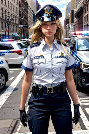 blond female police officer uniform in new york streets 
