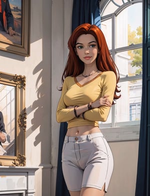 jean grey,long red hair,makeup, green eyes, necklace, jewellery, bracelet, yellow shirt, bottomless, wearing white panties, long sleeves, looking at viewer, serious, seductive smile, blush, 
standing, arms crossed, interior of a mansion bedroom, window, closed curtains, extreme detail,masterpiece, beautiful quality, 
,CARTOON_jeangrey_costume_ownwaifu