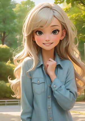 (masterpiece), (best quality), Photo Realistic, (extreme detailed), (1 girl), (pretty cute girl), smile, slender, blonde long hair, bluewish, playing with gray dolphin, in the park, upper body, original, extremely detailed wallpaper, (parfect detail features), 8k