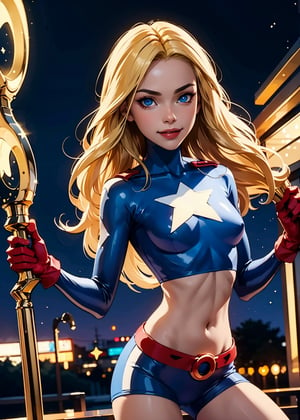 stargirl_dc, blonde hair,blue eyes,tight clothing, midriff, petite body, briefs, looking at viewer, serious, smiling, holding a cosmic staff, 
outside, park, night, extreme detail, masterpiece, beautiful quality, lora:stargirl_DC_v1:.7
