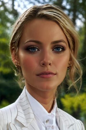 1girl, masterpiece, best quality, (photorealistic:1.4), a photo of a beautiful woman, skinny, blonde, wasteland, detailed face, a woman in a suit and tie standing in a park
