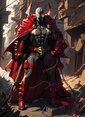 spawn2023, helmet, long red collar, red cowl, red cape, chains, skulls, glowing green eyes, red gauntlets, spikes, dramatic lighting, hyper realistic, raw image, 8k, muscular, uhd, best quality, award winning photo, rtx on, unreal engine 5, full body, wide angle shot, head to toe, gothic city, superhero pose, absurdres, long cape, large red boot, large gauntlet, flowing cape, round axe, asymmetrical red armor,
