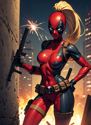 masterpiece, best quality, highres, contrapposto,
BodySuit_lady_deadpool_ownwaifu,
1girl, mask, blonde hair, ponytail, long hair, large breasts, no pupils, 
bodysuit, skin tight, superhero, belt pouch, utility belt, red bodysuit, gloves, weapon on back, thigh pouch, thigh strap, thigh holster, belt buckle, turtleneck, 
 ,
light particles, depth_of_field, scenery, night, aerial fireworks, solo, cowboy shot, looking at viewer,
