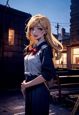 (masterpiece, best quality),  a cute and cheerful woman,l with long, blonde hair and blue eyes, wearing a school uniform, outdoors, scenery, dutch angle, extremely detailed. 