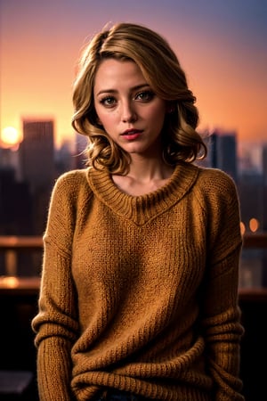 1 young cute iranian girl, very slim, skinny, blonde hair, rouge, oversize knit jumper, softcore, warm lighting, cosy atmosphere, Instagram style, red theme, upper body shot,(cinematic, black and red:0.85), (sunset beautiful background:1.3), sharp, dim colors