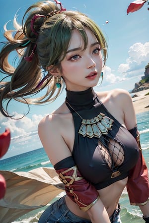 (masterpiece,best quality,ultra high res:1.1),(photo-realistic:1.2),
-
1girl,(beautiful face,exquisite face,ulzzang6500V:1.2),(wet skin:1),
solo,long hair,(floating hair,wind hair,gale,skin texture:1.2),nsfw,
-
(full body,from above:0.8),(armlet,jewelry,necklace,filigree,earrings),
(open clothes,chest cutout,plunging neckline,low neckline:1.1),
-
(horizon:1.2),(longView,huge falling petals:1.5),(simple sky:1.6),
-
lora:shinobukukiV1:1,(shinobu kuki,green hair,ponytail,turtleneck,bare shoulders,gloves,jacket,coat,fishnet shirt,hair ornament,armor,midriff,shorts:1.3)
