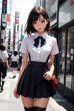    eva school unifrom, 1girl, solo, tokyo-3 middle school uniform,  shirt, short sleeves, suspender skirt, neck ribbon,, ultra detailed, masterpiece, best quality,
