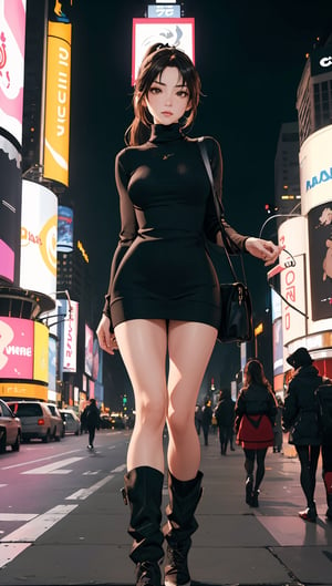 Masterpiece, best quality, fine detail, maishiranui, maishiranui_face, bangs, ponytail, oily skin, (detailed face and eyes):1.2, wearing edgADC, turtleneck, sweater dress, 38carbon leggings, boots, standing, candid pose, times square at night, lora:maiShiranui030417:0.6, lora:edgAutumnDressCode:0.4
,edgADC_fashion