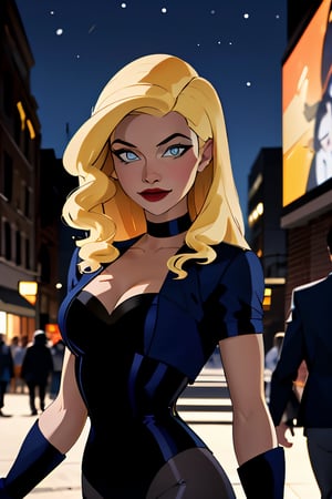 ((masterpiece,best quality)), absurdres,
lora:Black_Canary_JLU:0.7, Black_Canary_JLU, 
solo, smiling, looking at viewer, cowboy shot, 
night sky and city in background, cinematic composition, dynamic pose,
,Black_Canary_JLU