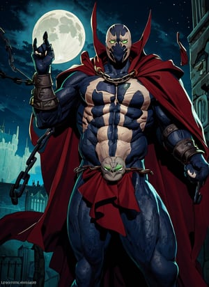 spawn, chain, red cape, glowing eyes, night, moon, glowing, green eyes, green fire, hand up, sky, claws, cloud, solo, castle, night sky, abs, intricate details, masterpiece, absurdres, best quality, cowboy shot, lora:spawn:0.9