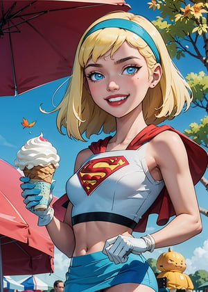 supes, blonde hair, headband, red lips, blue eyes, crop top,blue miniskirt, midriff, gloves, cape,  looking at viewer, smiling, happy, medium shot,
holding ice cream cone, park, autumn, blue sky, upskirt, white panties, extreme detail, masterpiece, beautiful quality, 
,Supergirl  