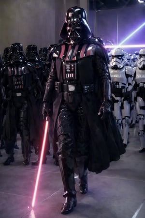 darth vader standing in front of a group of storm troopers in a room,holding lightsabe in his hands, walking across a bunch of stormtroopers behind him,Black_outfit,hood, hood_up, boots, darth vader without helmet,cape,armor, shoulder armor, armored boots, ,darth vader without helmet, looking at viewer,(closed mouth:1.0),NSFW,official art,extremely detailed CG unity 8k wallpaper, perfect lighting,Colorful, Bright_Front_face_Lighting,(masterpiece:1.0),(best_quality:1.0), ultra high res,4K,ultra-detailed,photography, 8K, HDR, highres, absurdres:1.2, Kodak portra 400, film grain, blurry background, bokeh:1.2, lens flare, (vibrant_color:1.2)  