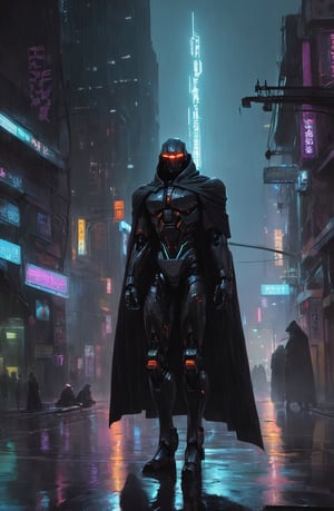 concept art matte paintingin the rainy streets of a cyberpunk city at night domination of a tall dark robot wind sorcerer with glowing eyes and a cape Artstation,Greg Rutkowski
