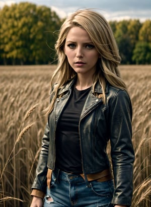 raw photo, fashion photography of cute (Belén Rodríguez), long, blonde hair, wearing leather jacket and ripped jeans, wheat field, picturesque, rural background, upper body shot,sharp, colorful, ultra realistic, cinematic, blue and yellow:0.85)