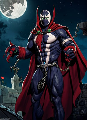 spawn, chain, red cape, glowing eyes, night, moon, glowing, green eyes, green fire, hand up, sky, claws, cloud, solo, castle, night sky, abs, intricate details, masterpiece, absurdres, best quality, cowboy shot, lora:spawn:0.9