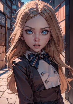 ,(looking at viewer),(cowboy shot dynamic pose:1.22),M3GEN/(Robot Girl/), 1girl, solo, long hair, blonde hair, realistic, blurry, blue eyes, bow, photo inset, full body, bowtie, parted lips, ribbon, lips,detailed shiny skin,perfect and very white teeth,finely detailed beautiful eyes,Ultra-fine facial detail,eyelashes,Glossy pink lips,(detailed The dark and terrifying alleys background:1.4),in the room, (day:1.33),depth of field,intricate,elegant,highly detailed,digital photography,masterpiece,