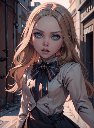 ,(looking at viewer),(cowboy shot dynamic pose:1.22),M3GEN/(Robot Girl/), 1girl, solo, long hair, blonde hair, realistic, blurry, blue eyes, bow, photo inset, full body, bowtie, parted lips, ribbon, lips,detailed shiny skin,perfect and very white teeth,finely detailed beautiful eyes,Ultra-fine facial detail,eyelashes,Glossy pink lips,(detailed The dark and terrifying alleys background:1.4),in the room, (day:1.33),depth of field,intricate,elegant,highly detailed,digital photography,masterpiece,