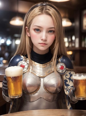 (best quality, masterpiece, perfect face, beautiful and aesthetic:1.2, colorful, dynamic angle, highest detailed face) 1girl, solo, (blushed, blank expression:1.1), 1girl, solo, ZenaMarienteil, long hair, bangs, brown gloves, cape, armor, breastplate, blonde hair, (soft light, dramatic light, sharp, HDR), (a woman in sitting at a bar with a glass of beer in front of her), (resting her chin on her palm), 
,lux1