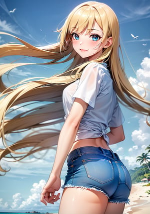 flower garden, 1girl, short jeans and white blouse, from side, smile, white long hair, expressionless, spanking,
 blue sky, wind, floating hair, long blonde hair, in the beach