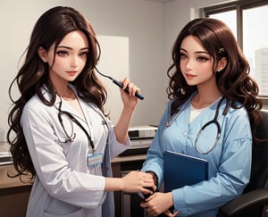 (high quality) (accurated details) (insanely detailed) A scene where an happy family doctor takes care of her little girl (the father is an handsome doctor with short brown hair and dark brown eyes,) (((the mom a beautiful girl with absurd long wavy brown hair and dark eyes,)))( the girl is with absurd long wavy brown hair and dark brown eyes) he takes care of her listening with a realistic stethoscope her heart.
